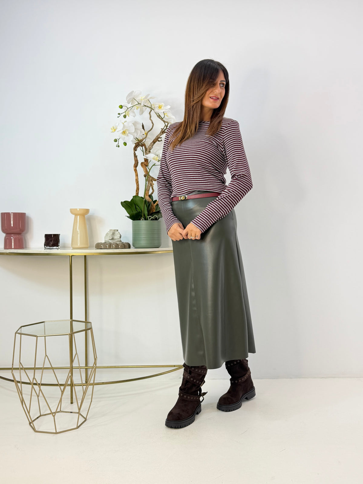 MAGLIA GLORIA A RIGHE BORDEAUX/GRIGIO