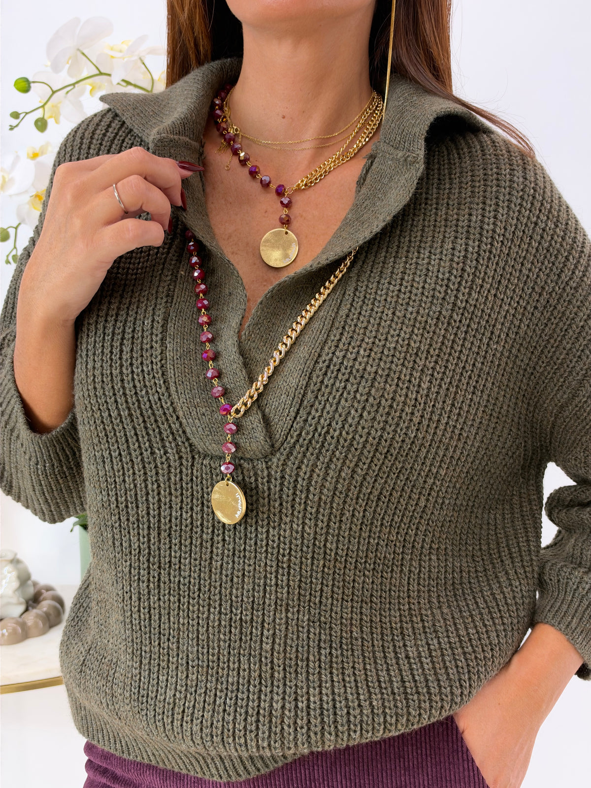 COLLANA MATI LUNGA MUPAJI MEDAGLIA BORDEAUX/GOLD