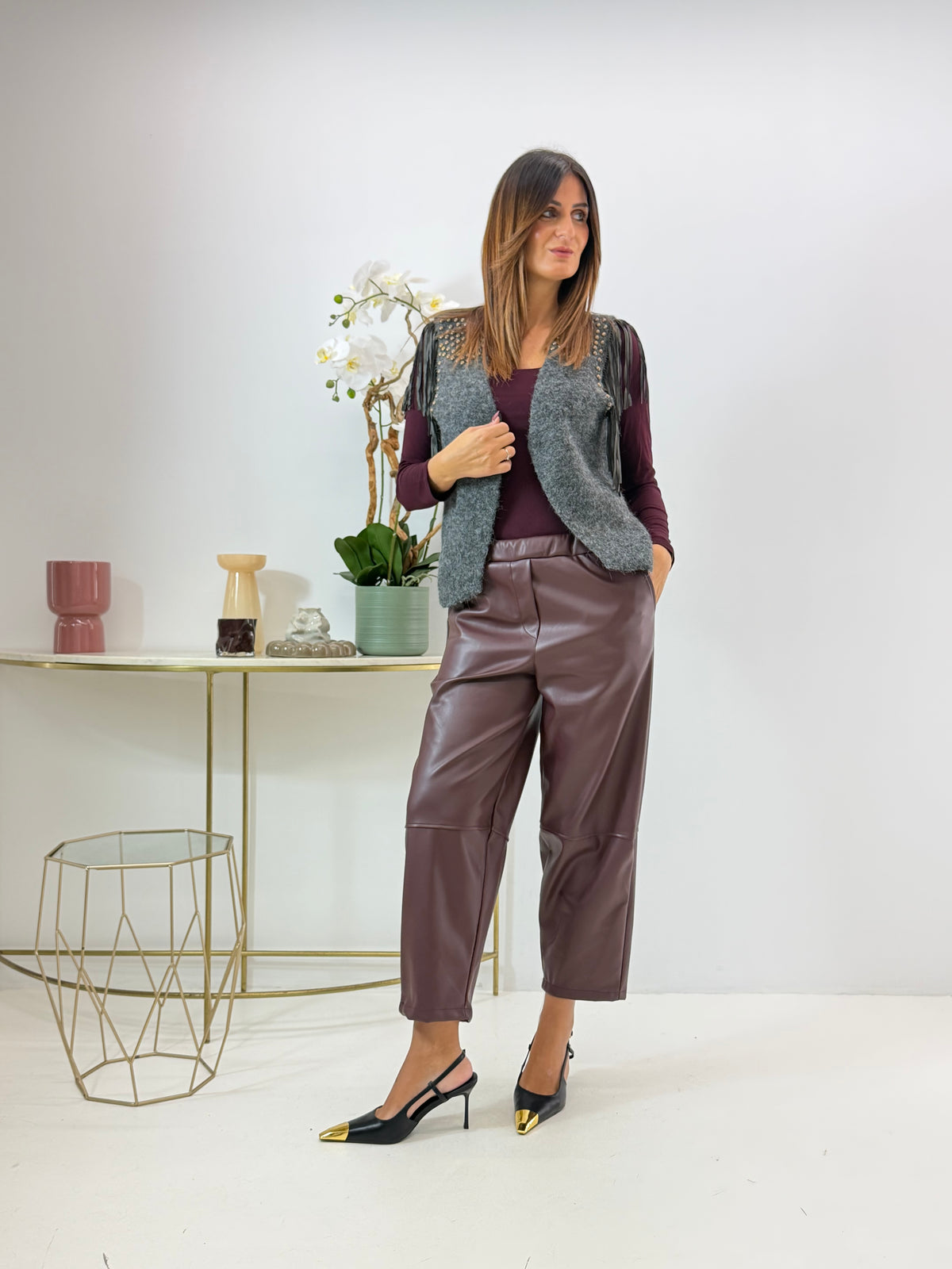 GILET TANIA GRIGIO CON FRANGE