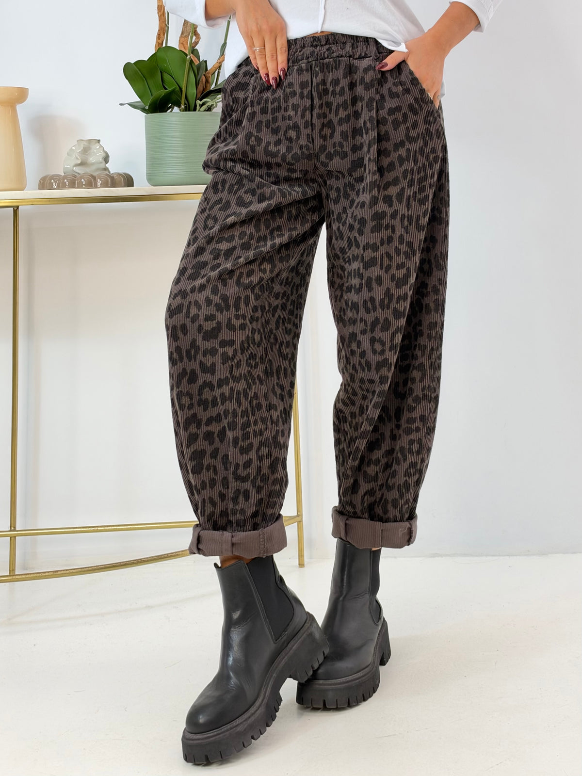PANTALONE REBY IN VELLUTO MORO FANTASIA MACULATA