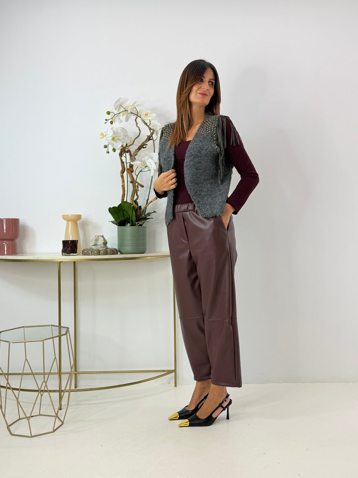 GILET TANIA GRIGIO CON FRANGE