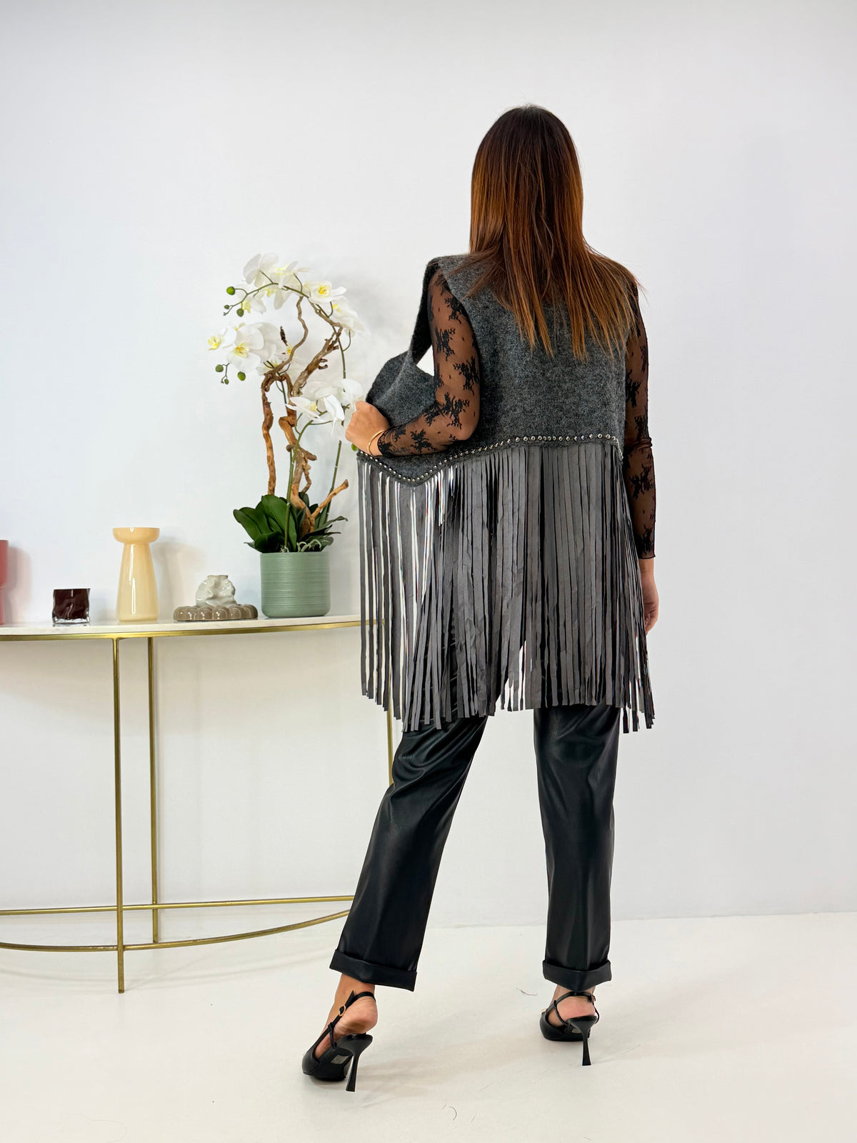 GILET VANESSA GRIGIO CON FRANGE