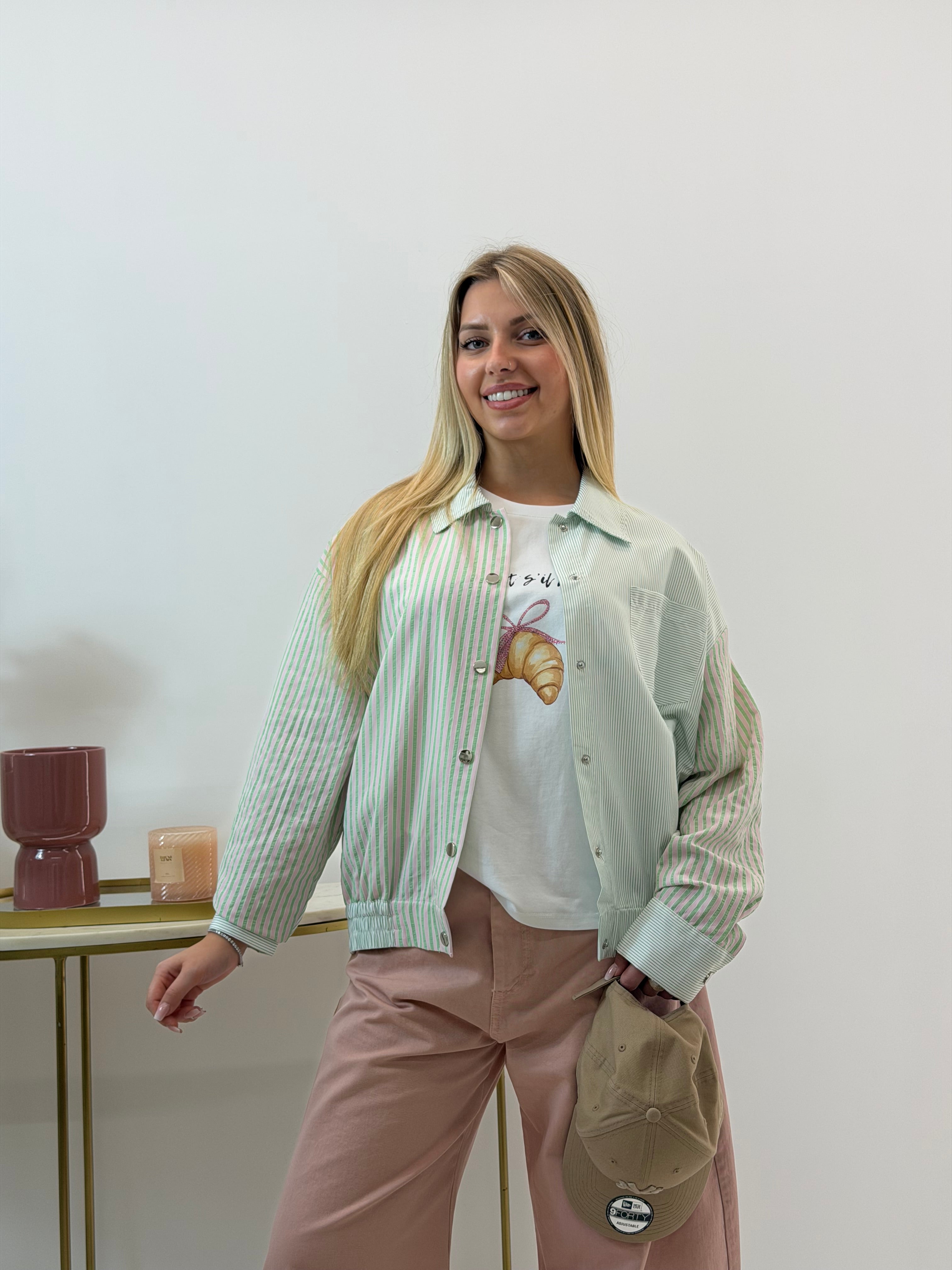 BOMBER A RIGHE VERDE/ROSA