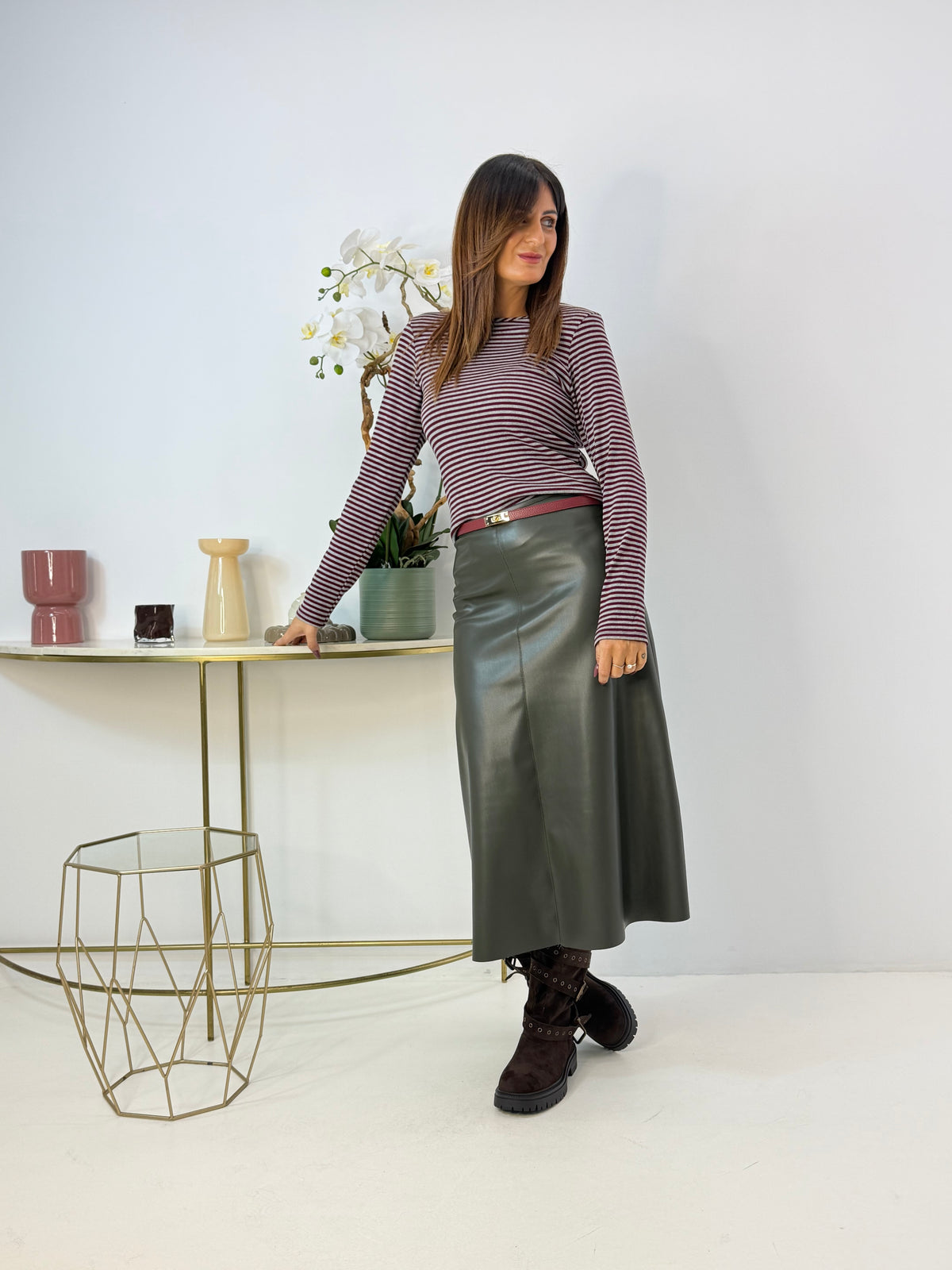 MAGLIA GLORIA A RIGHE BORDEAUX/GRIGIO