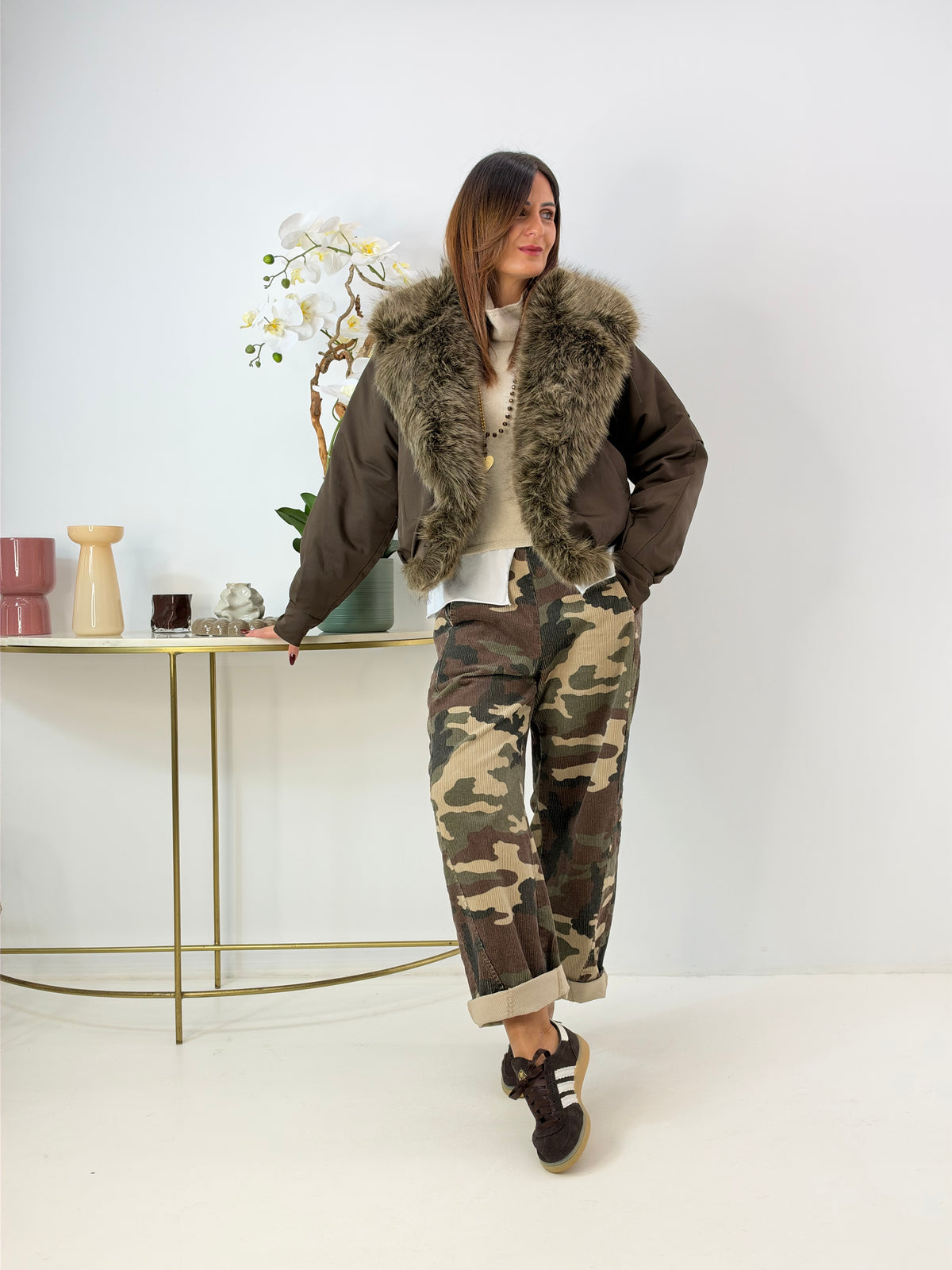 PANTALONE MOANA IN VELLUTO FANTASIA MILITARE