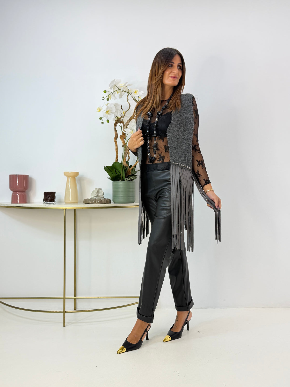 GILET VANESSA GRIGIO CON FRANGE