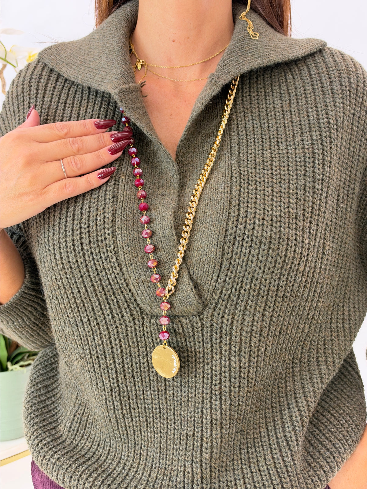COLLANA MATI LUNGA MUPAJI MEDAGLIA BORDEAUX/GOLD
