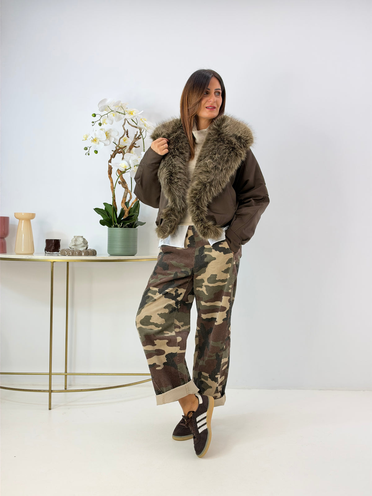 PANTALONE MOANA IN VELLUTO FANTASIA MILITARE