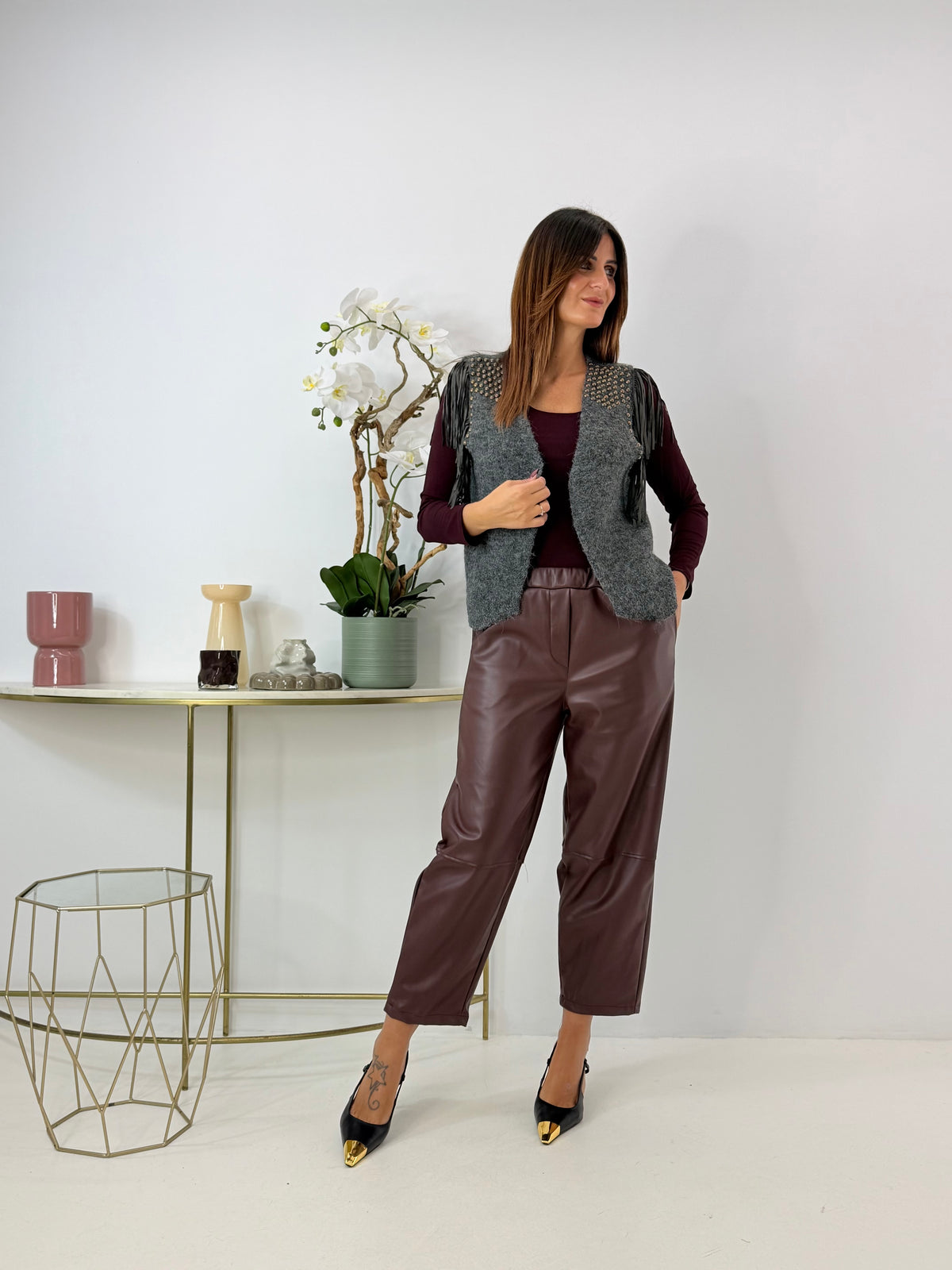 GILET TANIA GRIGIO CON FRANGE