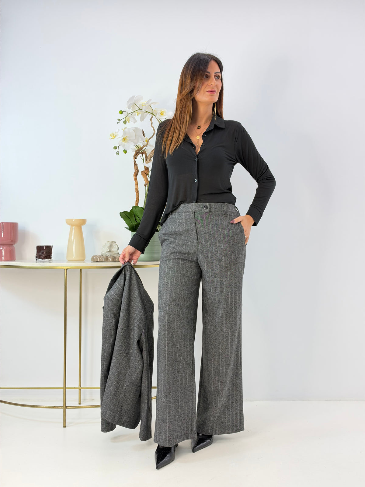 PANTALONE KLELIA GAMBA LARGA GRIGIO GESSATO