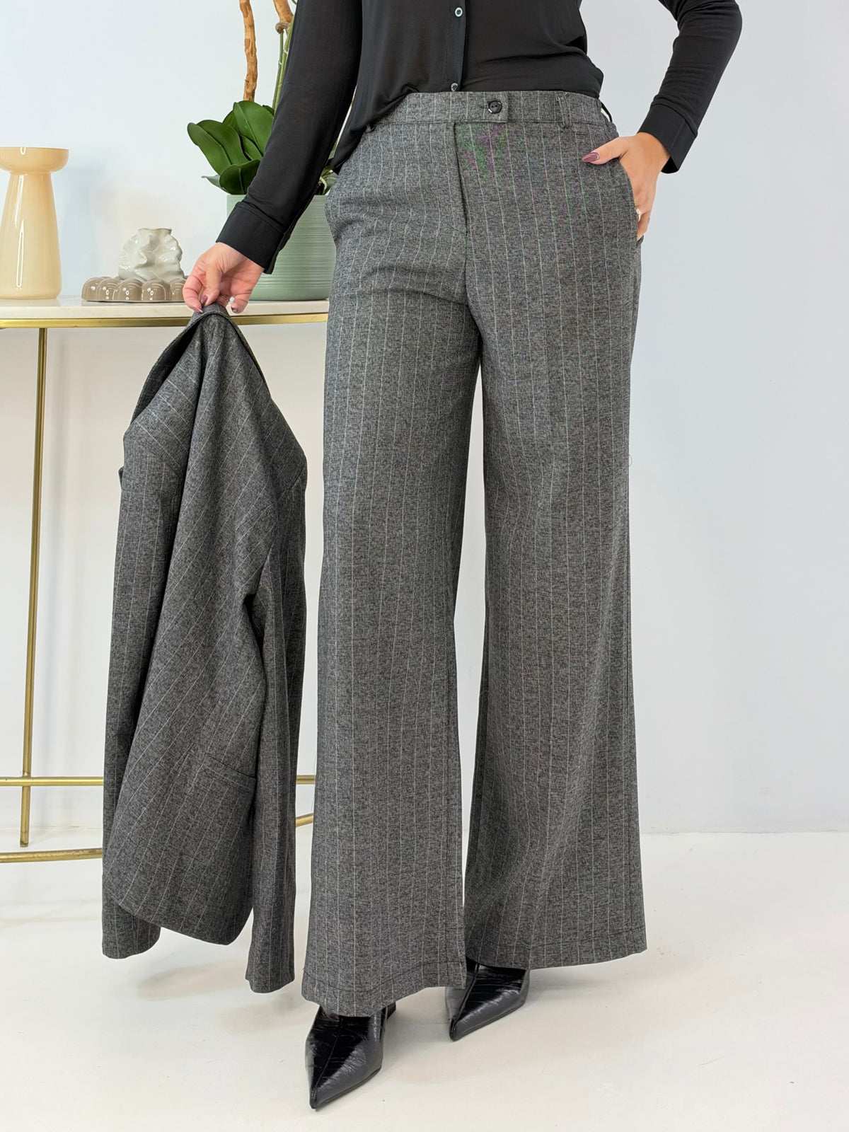 PANTALONE KLELIA GAMBA LARGA GRIGIO GESSATO