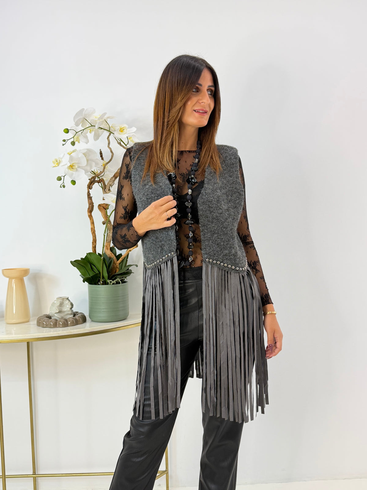GILET VANESSA GRIGIO CON FRANGE