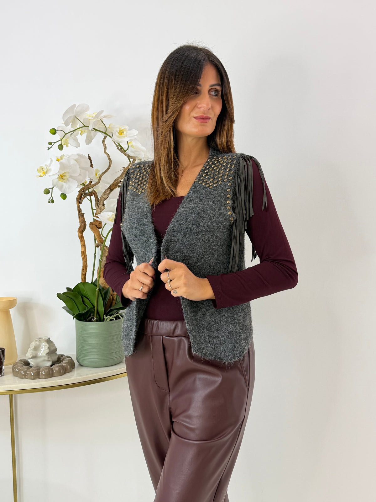 GILET TANIA GRIGIO CON FRANGE