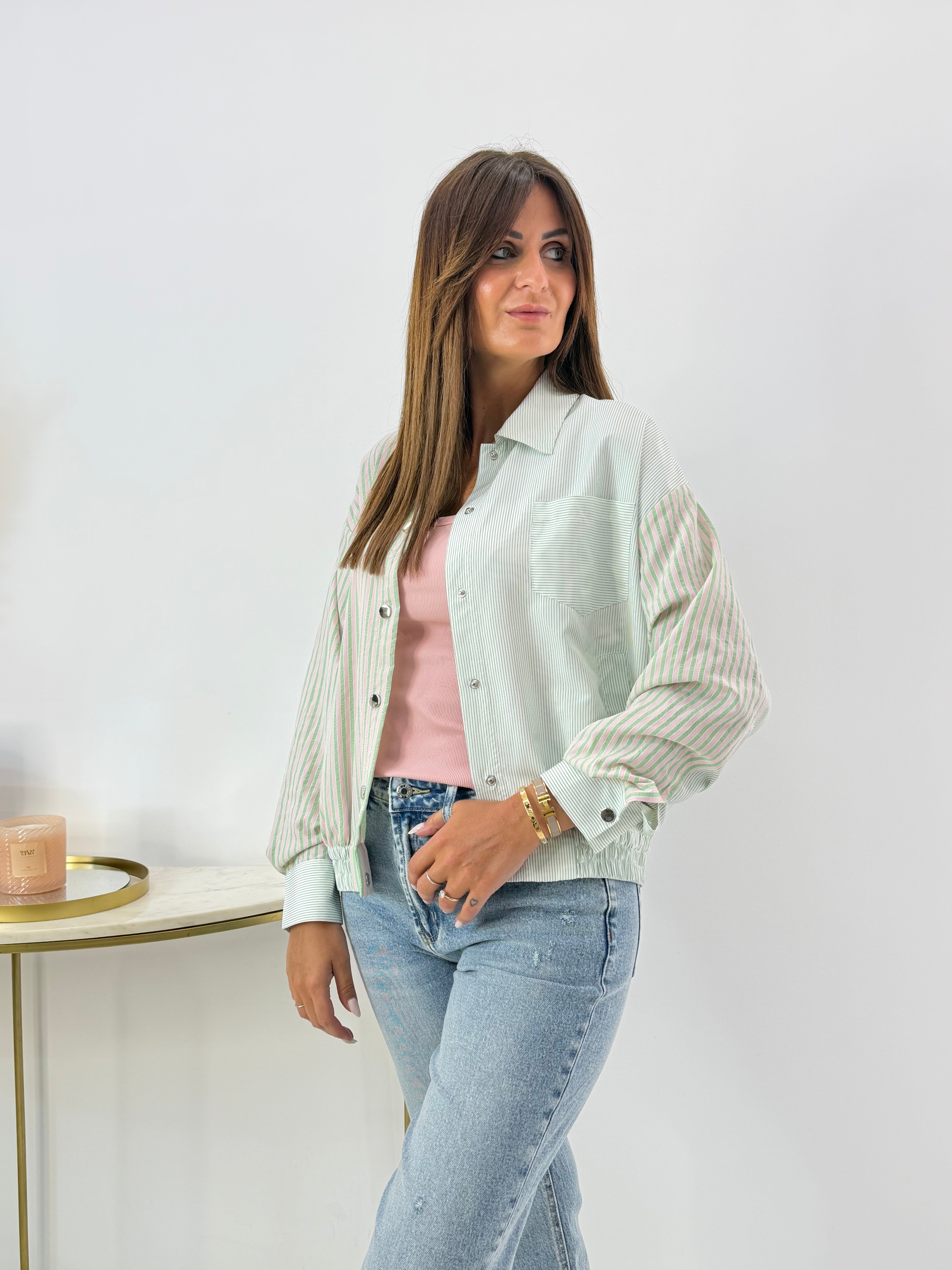 BOMBER A RIGHE VERDE/ROSA